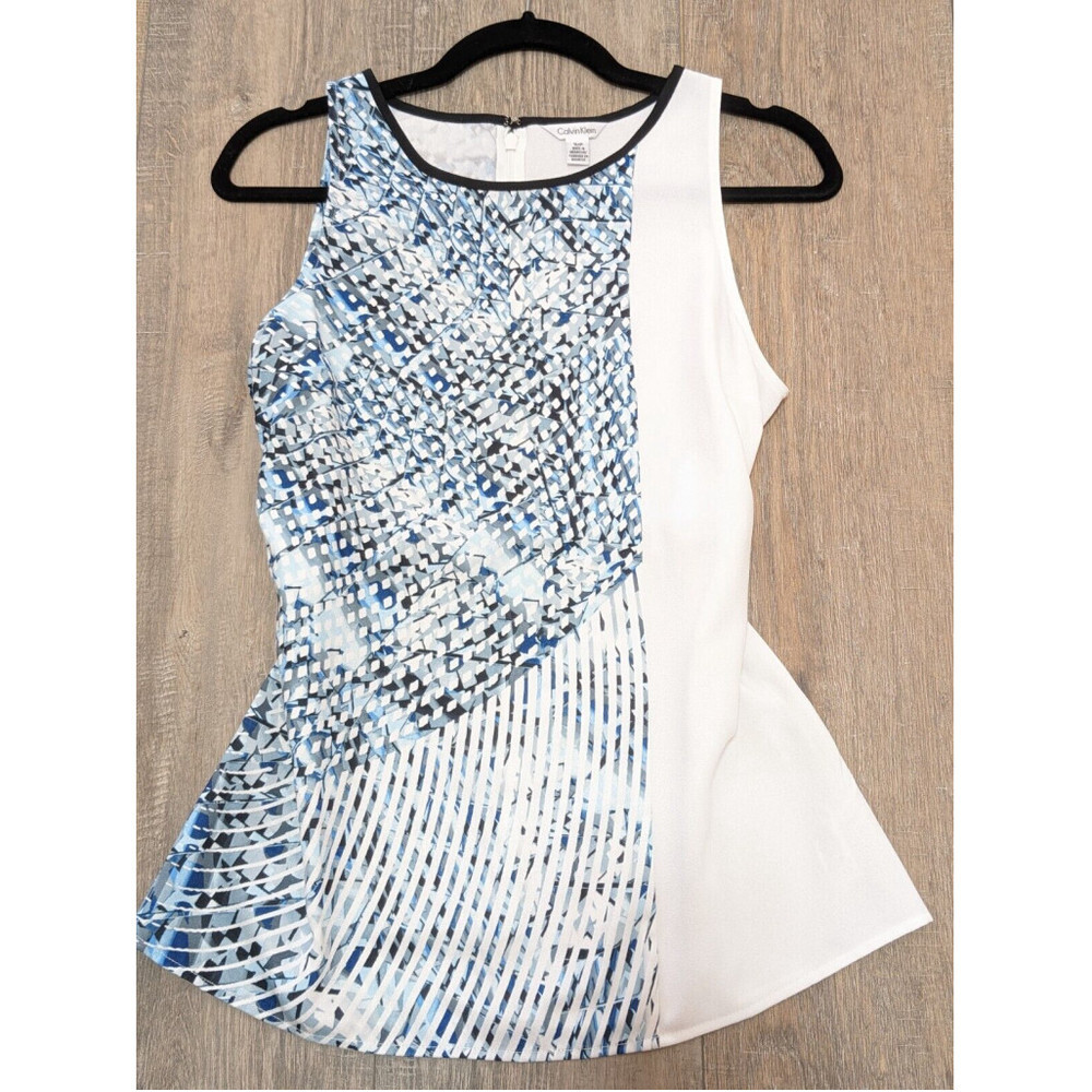 Calvin Klein Collection Blue and White Sleeveless Printed Panel Top